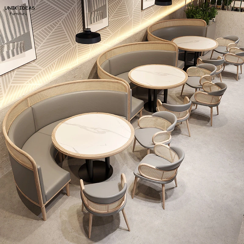 Customized restaurant booth bench seating milk tea shop combination furniture table set and chairs rattan wooden leisure chairs