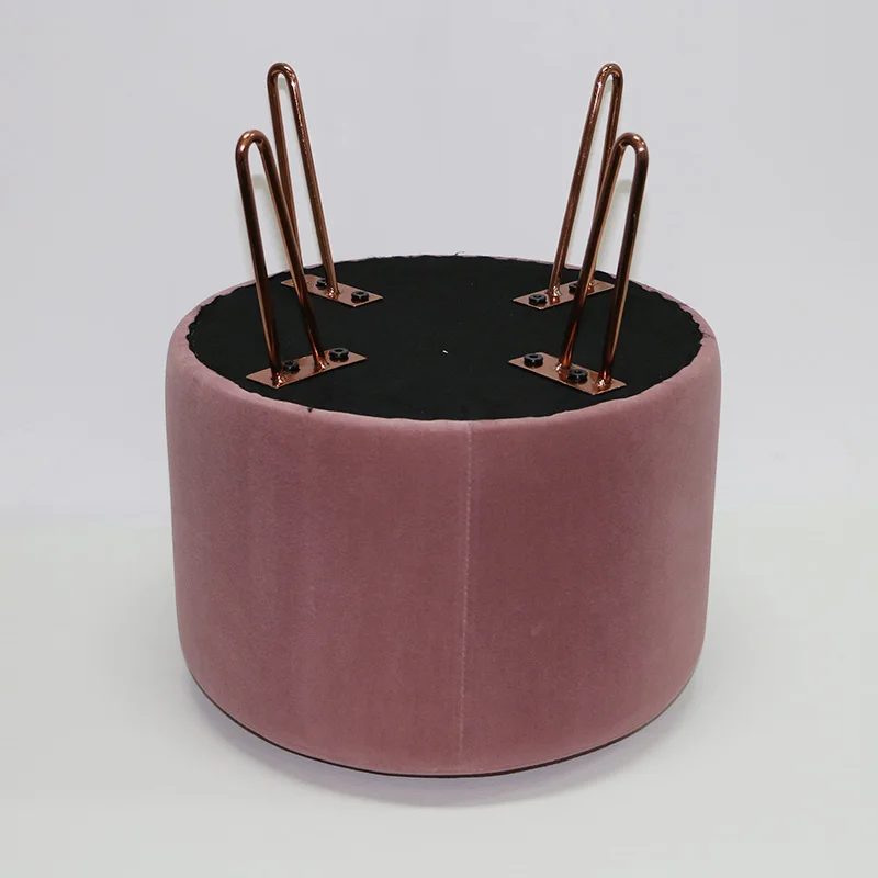 Reatai velvet round pink colour ottoman stool customized metal leg with buttons elegant stool with legs