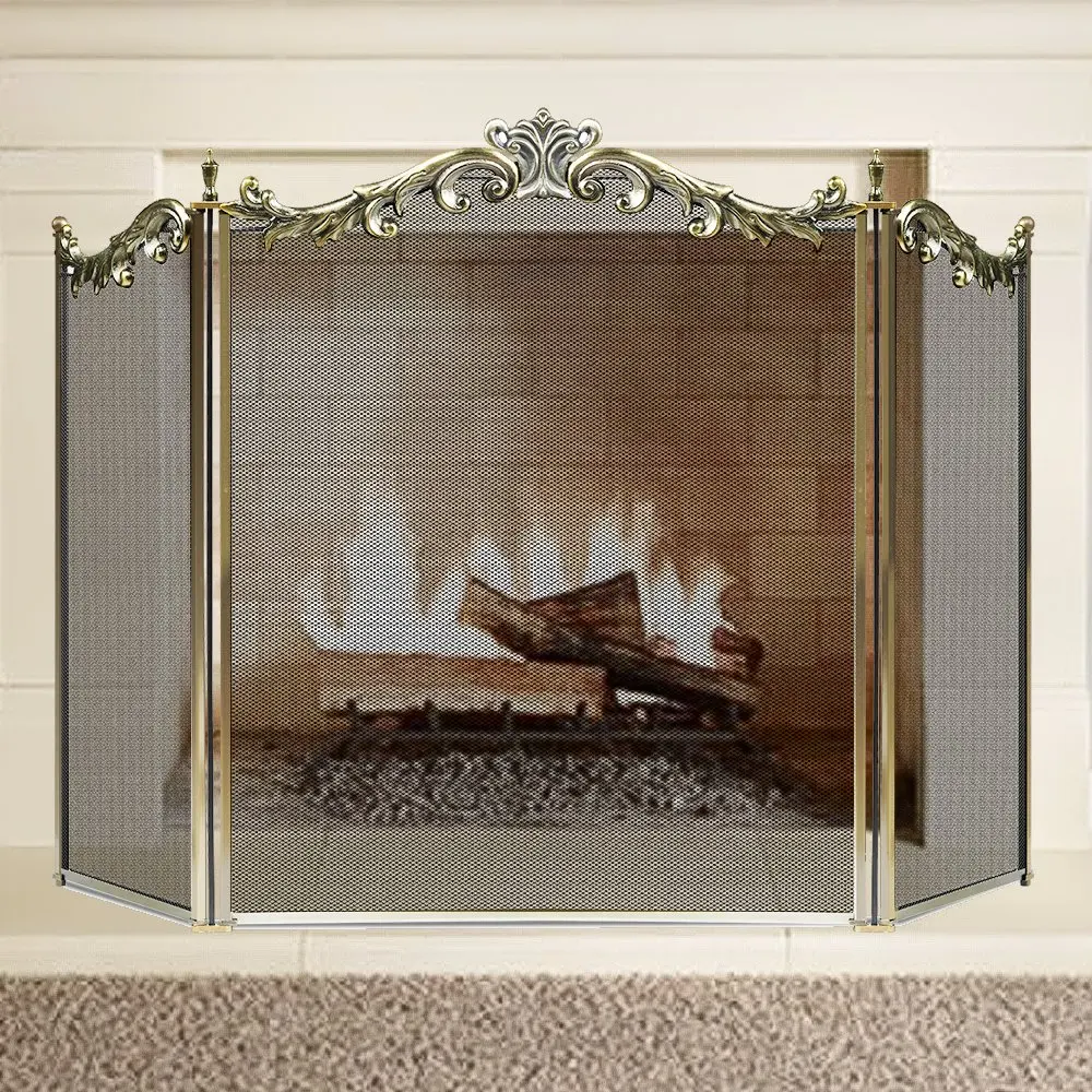 
Large flower fireplace screen 3 metal mesh face baby safety fence spark cover fireplace screen 