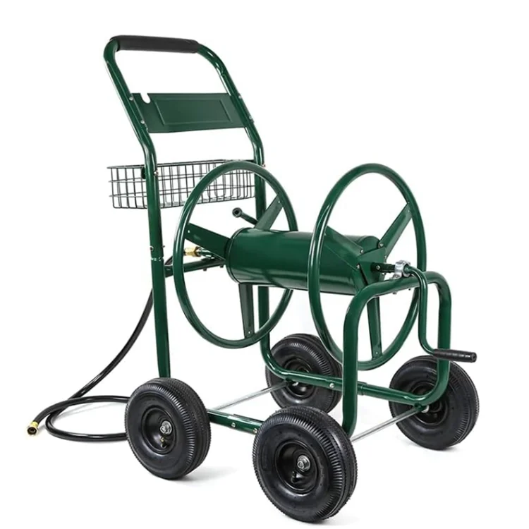 JH-Mech Hose Reel Cart Metal Holds up to 300-Feet of 5/8-Inch Hose Outdoor 4 Wheels Carbon Steel Hose Reel Cart