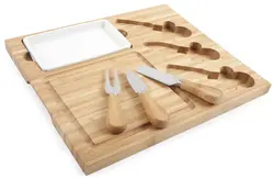 Eco-friendly Bamboo Cheese Board Set with Ceramic Dish and 3 Cheese Tools
