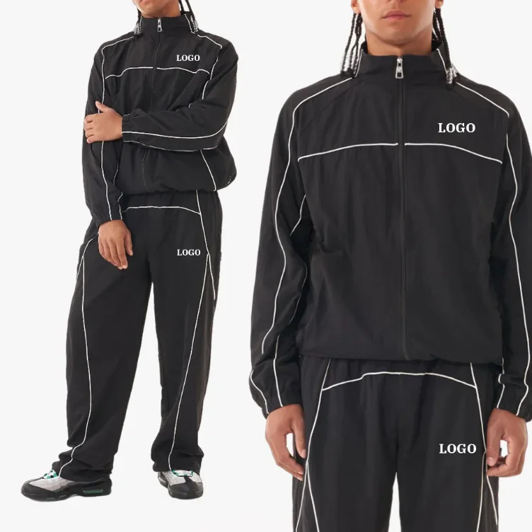 Men Polyester Jogger Sets Two Piece Set Patchwork Zip Up Puff Print Nylon Jacket And Track Pants Custom Nylon Tracksuits For Men