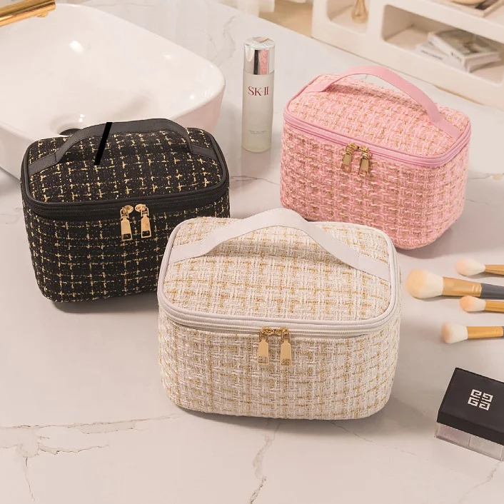 Travel Striped Makeup Bag Large Cosmetic Case Organizer Fits Bottles Vertically Top Layer Cosmetic Bag