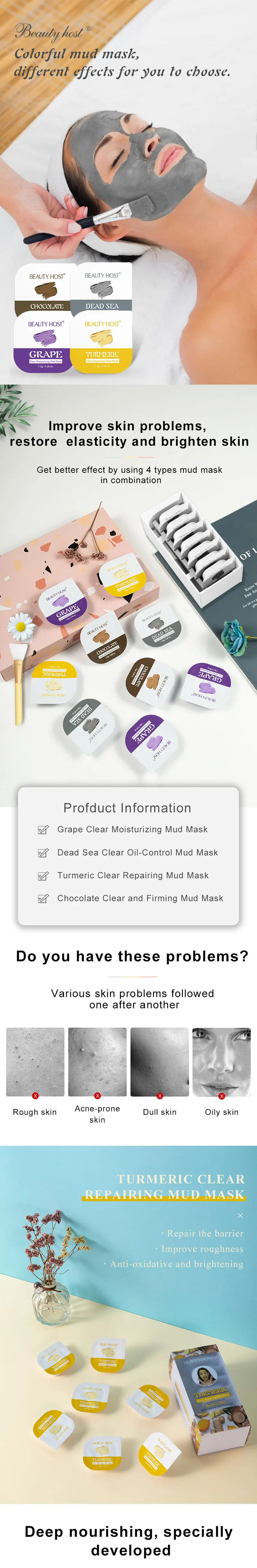 Facial Mud Mask With Brush Private Label Natural Deep Cleaning Oil Control Dead Sea Face Mud Mask Chocolate Turmeric Clay Mask