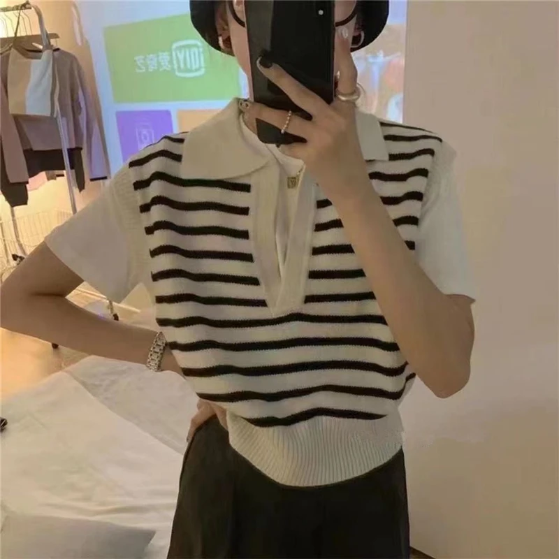 Spring Autumn Women Sweaters Pullovers Striped Sleeveless Knitted POLO Collar Wild Short Vests