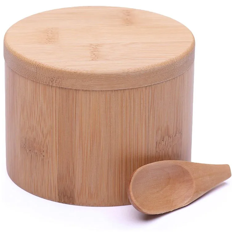 Small Organic Round Bamboo Wood Salt and Spice Pepper Spoon Container Pot Box Jar Wood With Removable Lid Bamboo Wood Salt Box