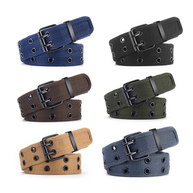 Double Iron Pins Men Webbing Belt Personalized Fabric Belt for Jeans