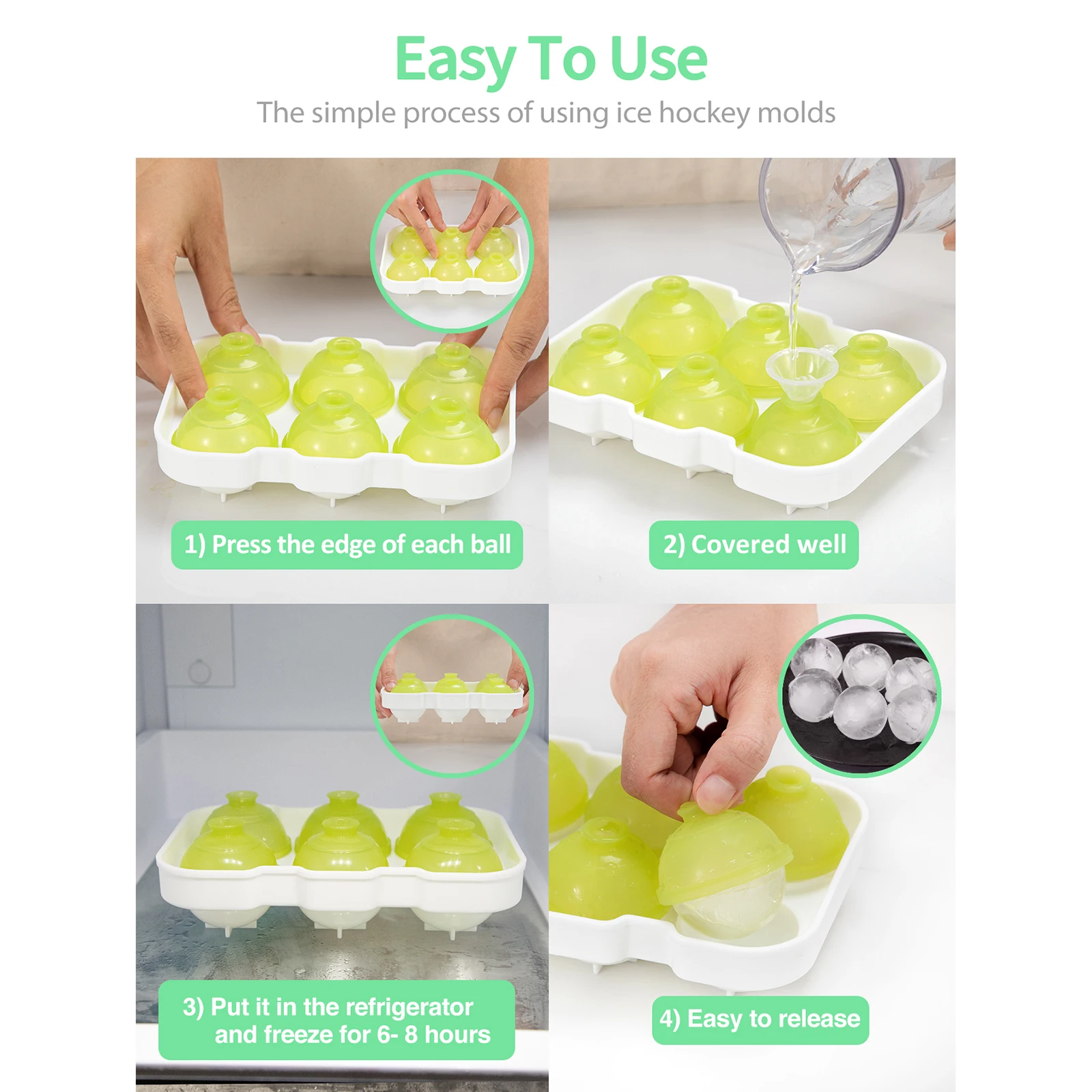 BPA Free Durable 6 Cavity Ice Mold Silicone Ice Cube Tray Crystal Clear Ice Ball Maker Mould