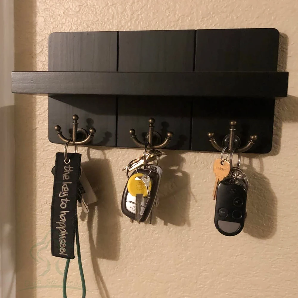 Gold and Black Key and Mail Holder for Wall Decor,Command Center Wall Organization, Rustic Wall Mounted Floating Shelves