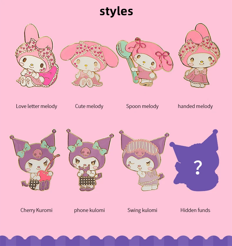 Hot-selling Anime Kuromi Melody Brooch Kawaii Pajamas Party Series Metal Pin Blind Box Cartoon Badge Fan Collection Gift