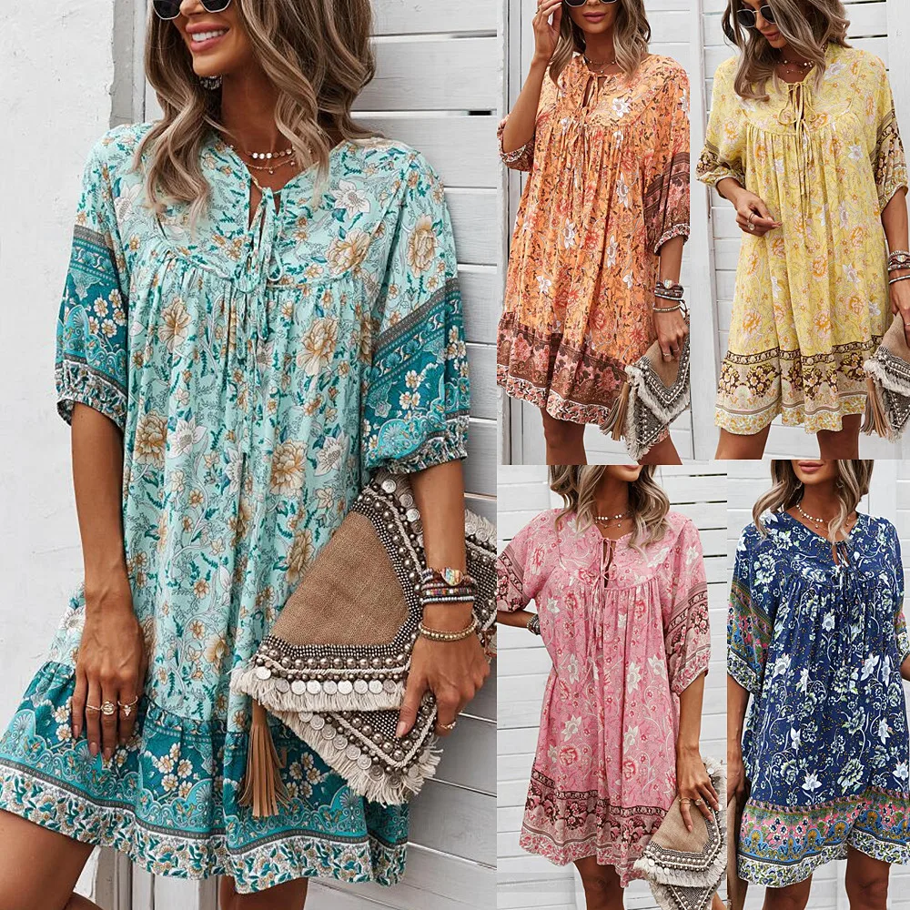 Custom Print Bohemian Dress Wholesale Dresses Women Floral Dress Boho Style