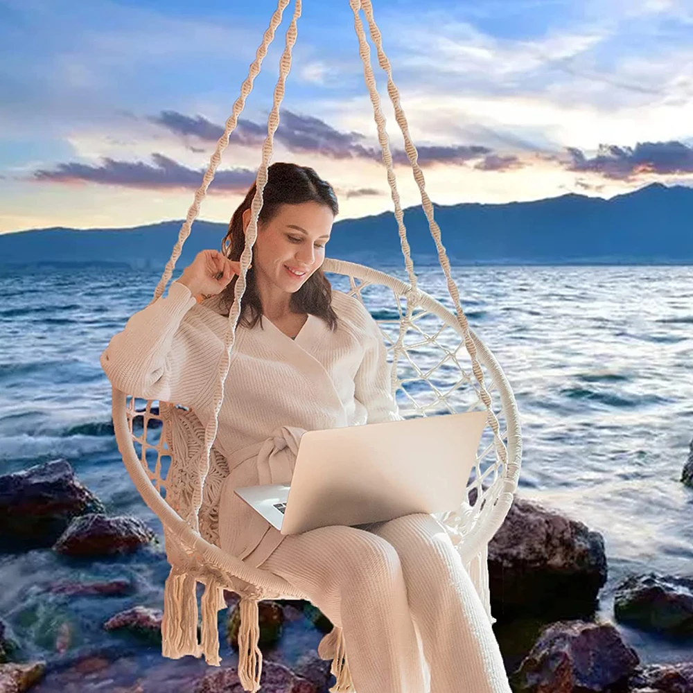 Hand Woven Cotton Rope Swing Chair Hanging Chair with Cushion Pillow