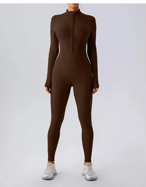 Yoke Long Sleeve Zip Bodysuits Light Jumpsuit With Tummy Control Rompers Yoga Shorts for Winter Workout Jumpsuits for Women