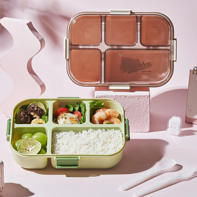 5 Compartment Plastic Office School Lunch Container with Spoon Bento Lunch Box Adults And Children