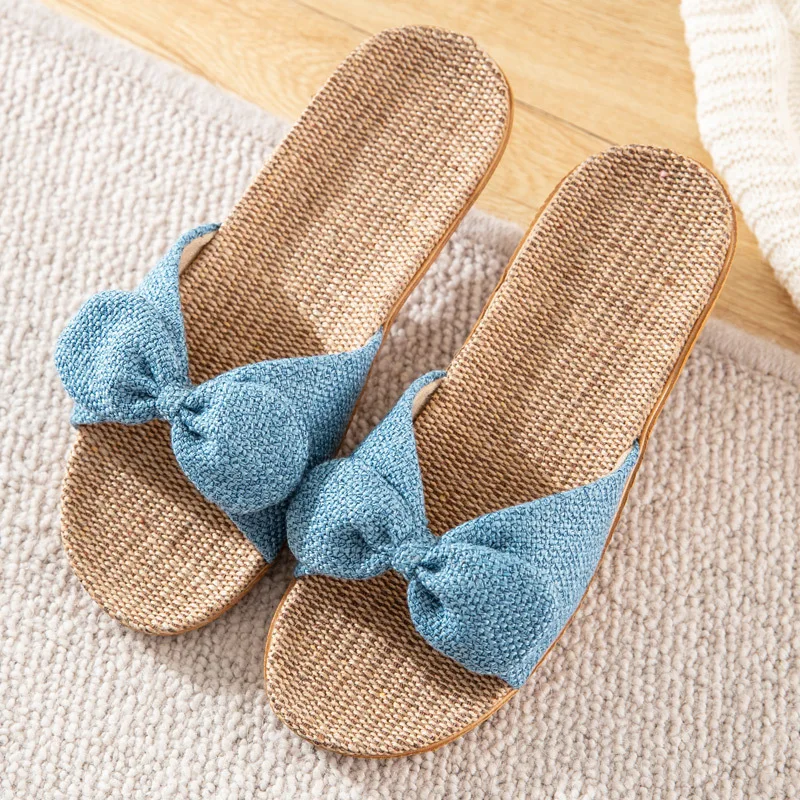 Bowknot Sandal Cotton Flax Summer Ladies Girls Slippers Brown Home Outdoor Non-Slip Cool Beach Holiday Slippers