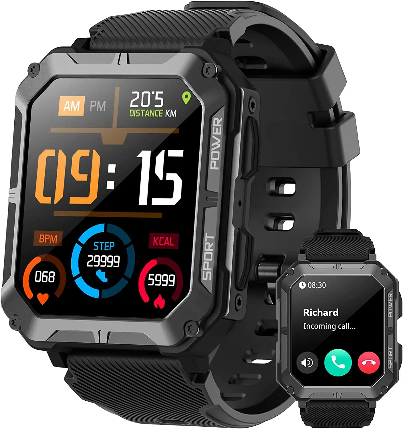 Rugged Smart Watch for Men with BT Call IP68 Waterproof Outdoor Fitness Tracker Large Memory Outdoor Sports Smartwatch