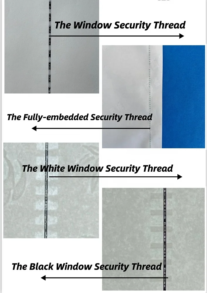 Anti-counterfeiting Security Thread Paper Custom Windowed Thread and Full Buried Thread Watermark Security Fiber for Certificate