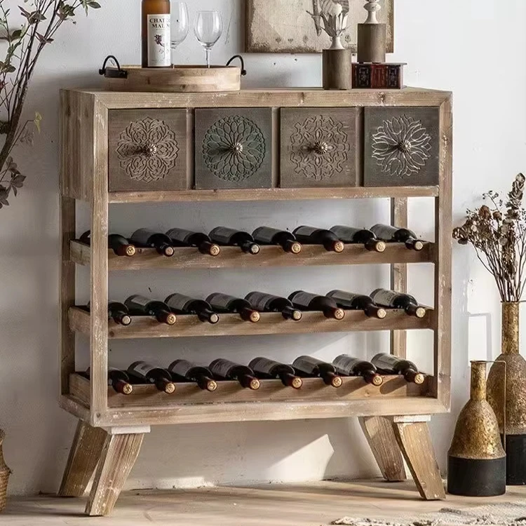 European-style Solid Wood Carved Wine Rack Retro Vintage Wine Display Shelf Decorative Wine Cabinet for Living Room