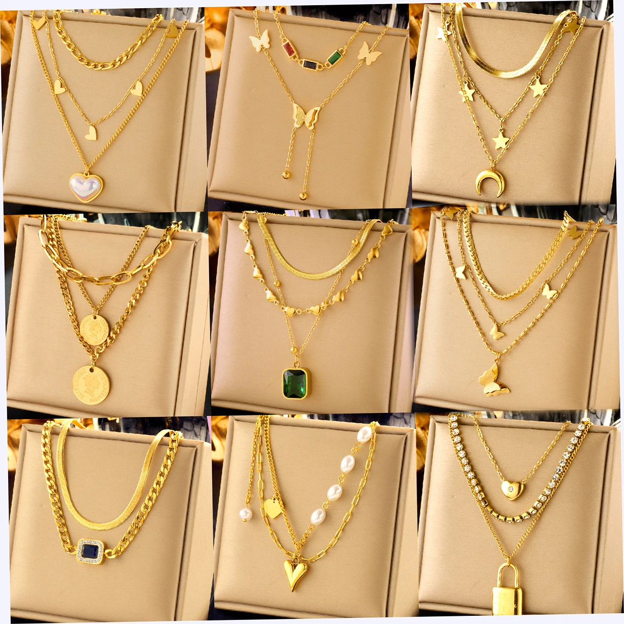 High Quality Stainless Steel 18K Gold Pearl Shell Zircon Layered Butterfly Heart Pendant Necklace Women Moon Star Necklace