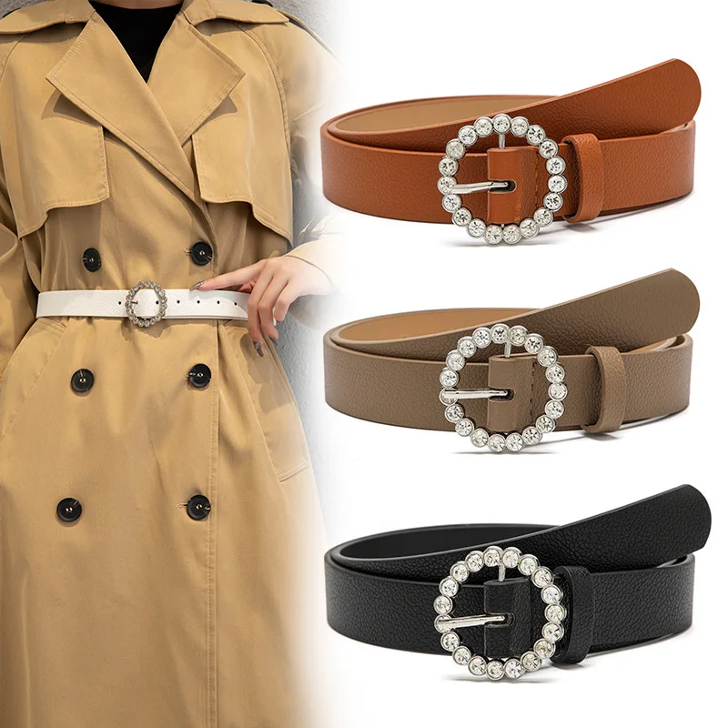 RS295 New Ladies Belt Elegant Texture Belt Women Pu Round Japanese Buckle Inlaid Brick Belt