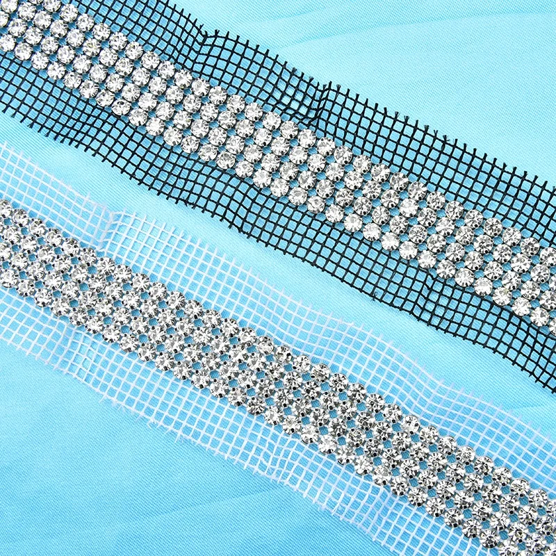 4 Rows Crystal Netting Silver Base Shiny Diamond Mesh Fabric Rhinestone Trimming for Shoes Bags Clothing Accessories