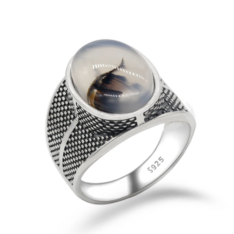 Factory Genuine S925 Thai Silver Natural Agate Stone Ring,Retro Punk Style Oxidized Onxy Silver Fashion Ring for Male