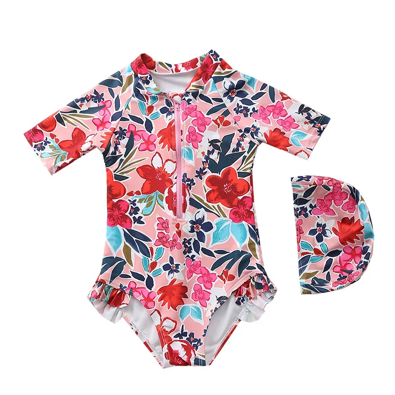 Children Swimwear Zipper Swim Suit One Piece Surfing Rash Guard Cute Young Girl Bikini Long Sleeves Kids Swimwear