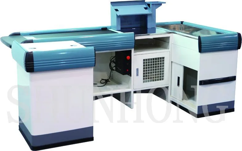 Shunhong customized supermarket checkout counter cash register with conveyor belt on