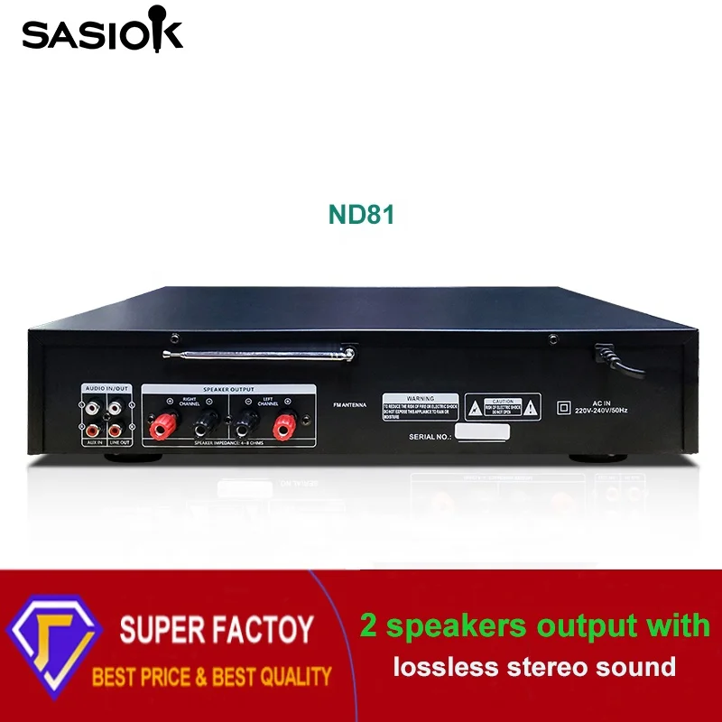 ND81 160W 2.0 channel Mic. echo/delay digital stereo karaoke amplifier with BT/USB/SD/MMC/AUX/FM radio/LED display functions.