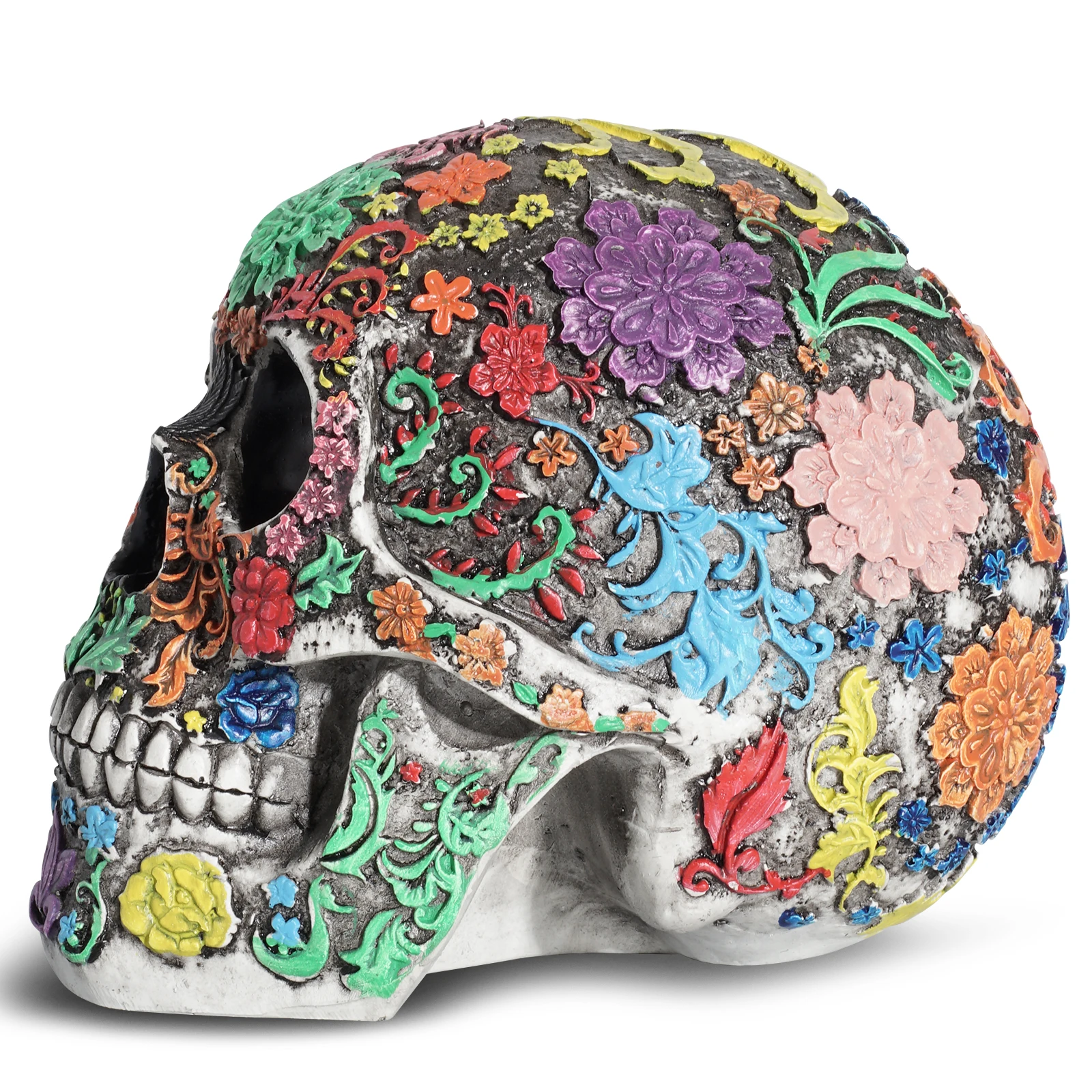 Halloween Highly Realistic Floral Pattern Human Skull Head Statue Decor