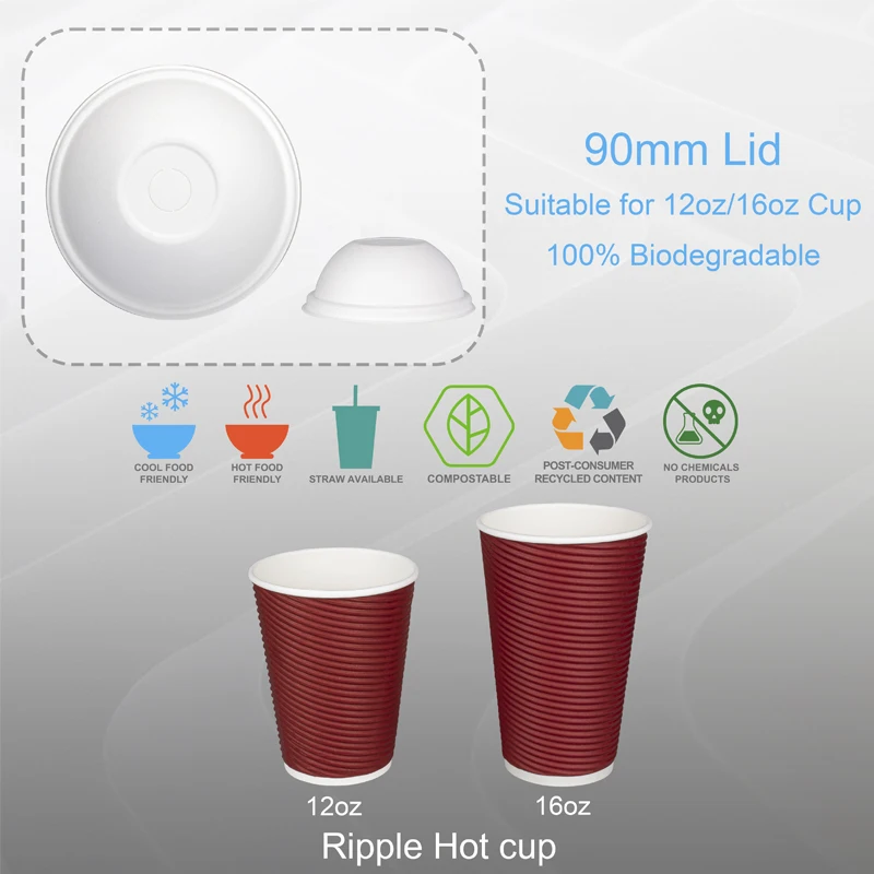 90mm Sugarcane Bagasse Dome Lid Eco Friendly Disposable Coffee Cups Lids Take Away Packaging Paper Cup Lid Cover