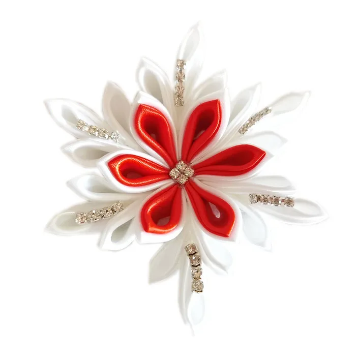 Red White Satin Flower with Rhinestone Pearl Barrettes Alligator Hair Bow Clips Pins Wholesale Hair Accessories for Baby Girls