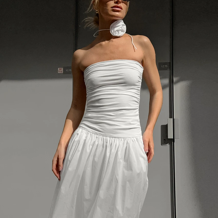 OOTN Fashion 2025 Summer Beach Women Strapless Dresses Sexy Backless Lady A-Line Tube Dress Elegant Vacation White Dress Ladies