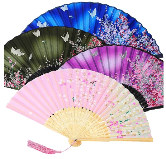 Handheld Floral Folding Fans Hand Held Fans Silk Women Hollowed Hand Foldable Bamboo Fans with Tassel