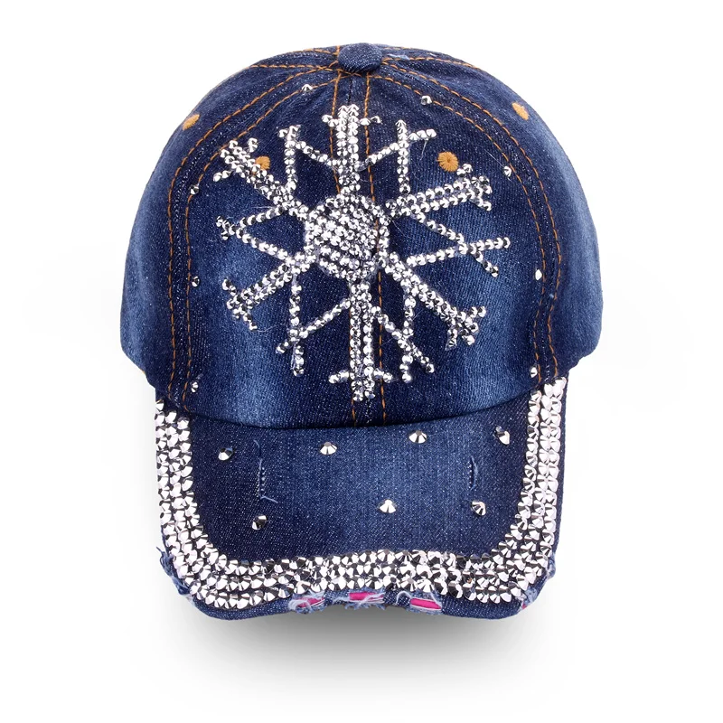 Custom bling stone logo multi color 6 panel distressed denim baseball cap Custom rhinestone hat Christmas hat
