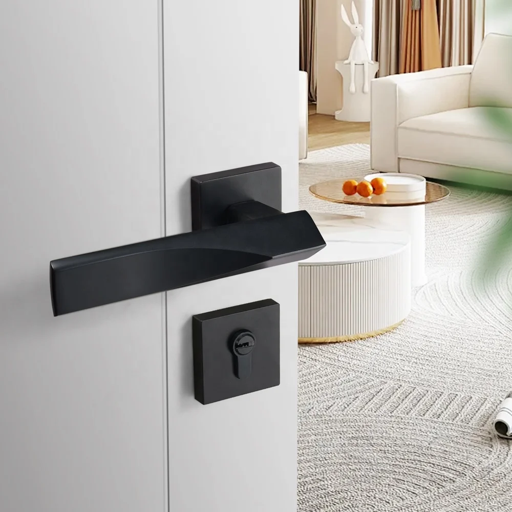 Yonfia A8280R03 modern square solid black aluminium lever door handle home toilet interior door lock handle black for wood door