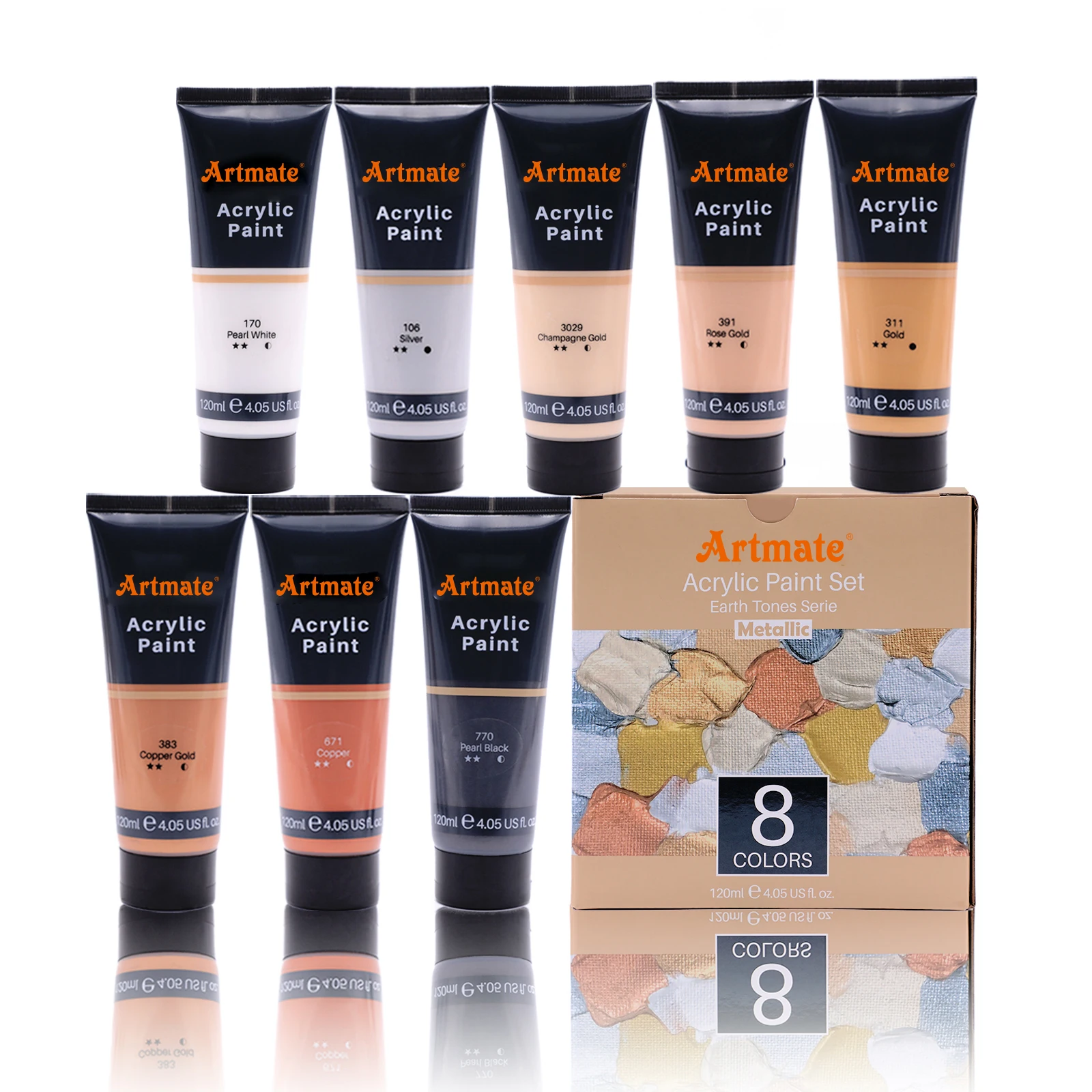 Artmate Acrylic Paint Art Set 8 Metallic Colors 4.05 Ounce/120ml Earth Tone,Acrylic Paint Set,Acrylic Paints