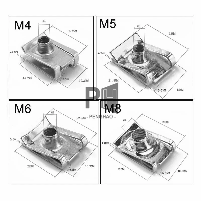 M6/M5/M4 Stainless Steel U Type Clips Thread 5mm 6mm 4mm Reed Nuts and Bolts Screws for Car Motorcycle Scooter ATV Clip Nuts