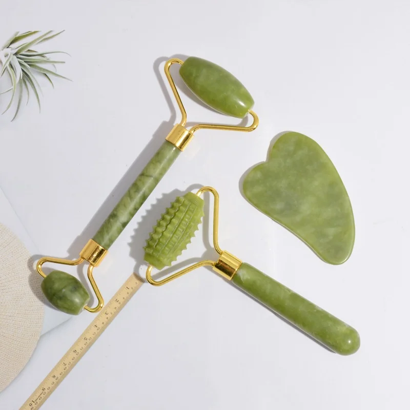 New 3pcs Green Jade Roller Set Zinc Alloy Arc Cheap Jade Roller Heart Scraping Board Jade Spine Face Lifting Tool