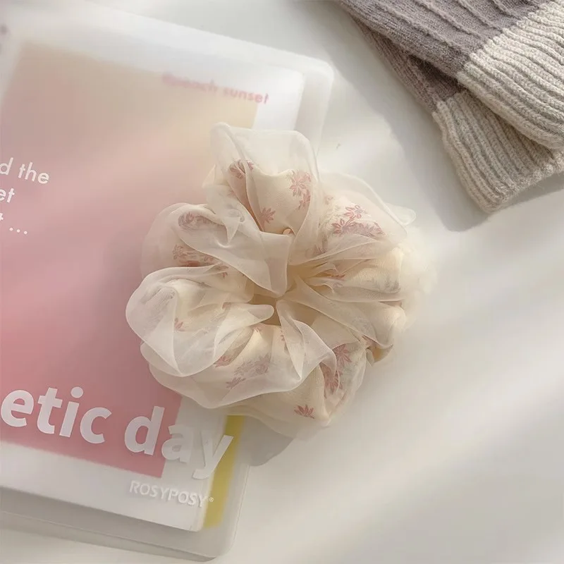 Elegant big mesh flower printing new organza scrunchies hot sale fashion elastic hair scrunchies pink for women girls