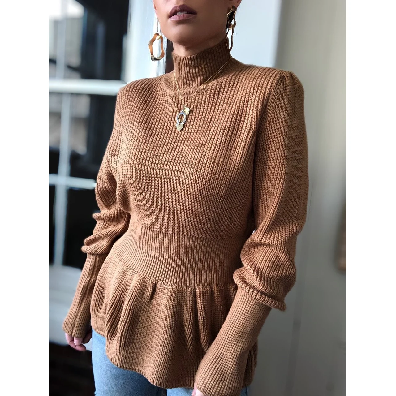 
Wholesale Solid Color Long Sleeve Turtleneck Slim Pullover Knitted Top 