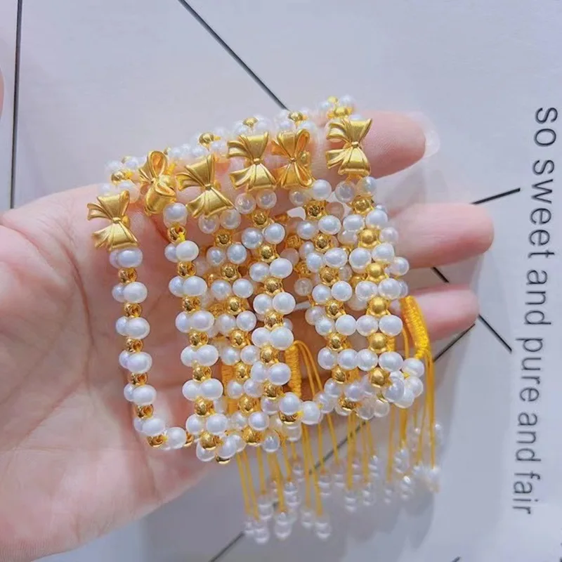 Aimgal Fine jewelry 999 Gold Beads 5D Hard Gold Bow Natural freshwater pearls Transfer Bracelets Pure Gold tarnish free