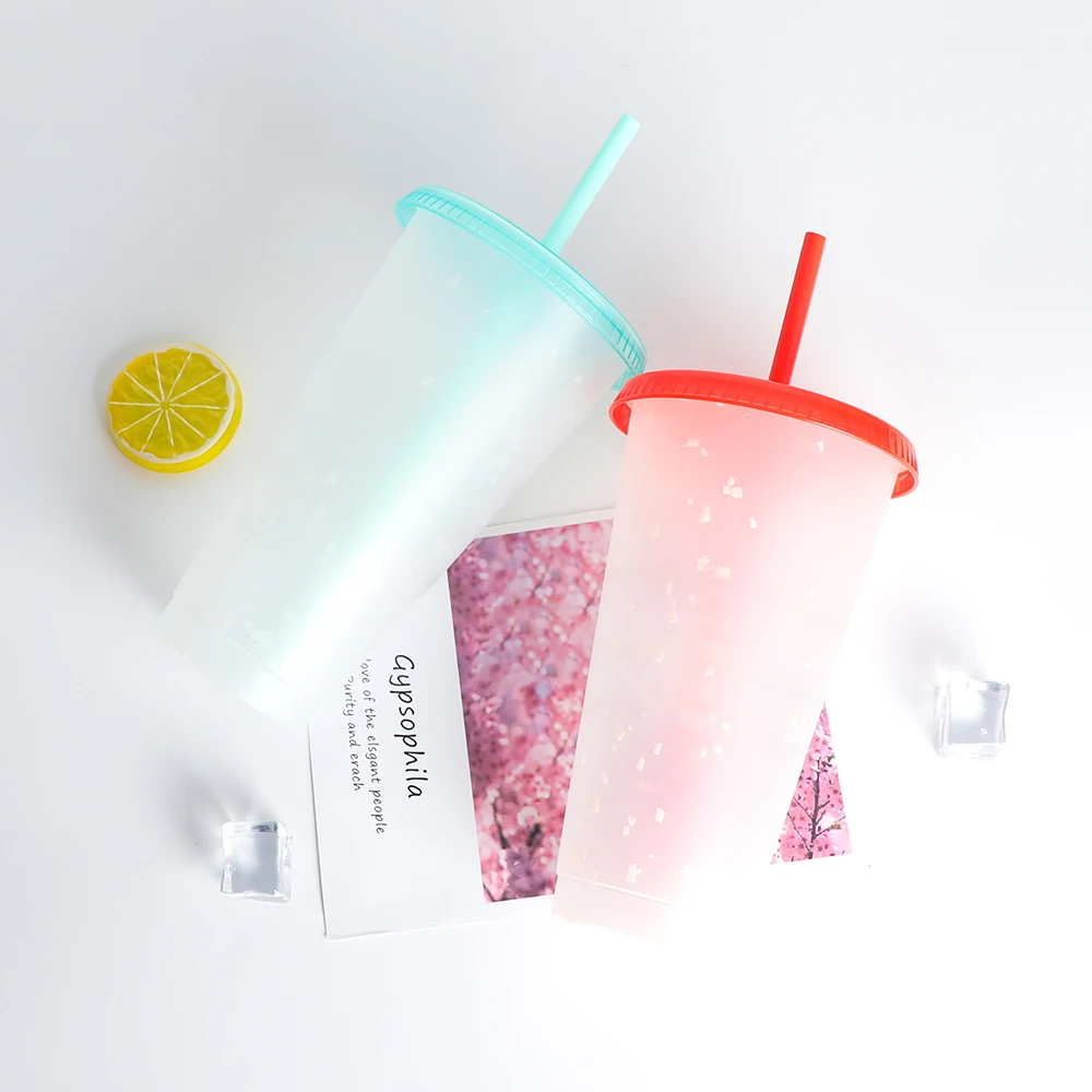 Coffee bubble tea color changing water smoothie drinking plastic reusable cold cups with lids and straws