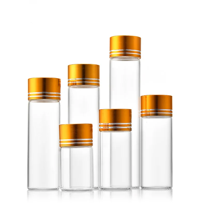 22mm Mini Cute Small Decorative Clear Glass Tube Bottle Vials Message Storage Bottle with double lines Gold Aluminum Screw Lid
