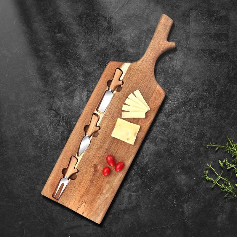 Acacia Wood Cutting Board Wooden Kitchen Chopping Boards for Cheese Bread Vegetables Wood serving Cheese Board with 3 Knife Set