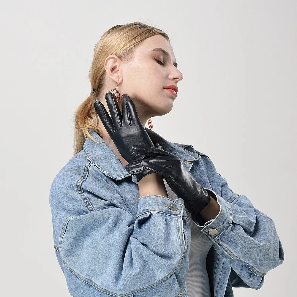 Kulanyane High End Premium Basic Style with Button Ladies Navy Winter Driving Lamb Leather Gloves