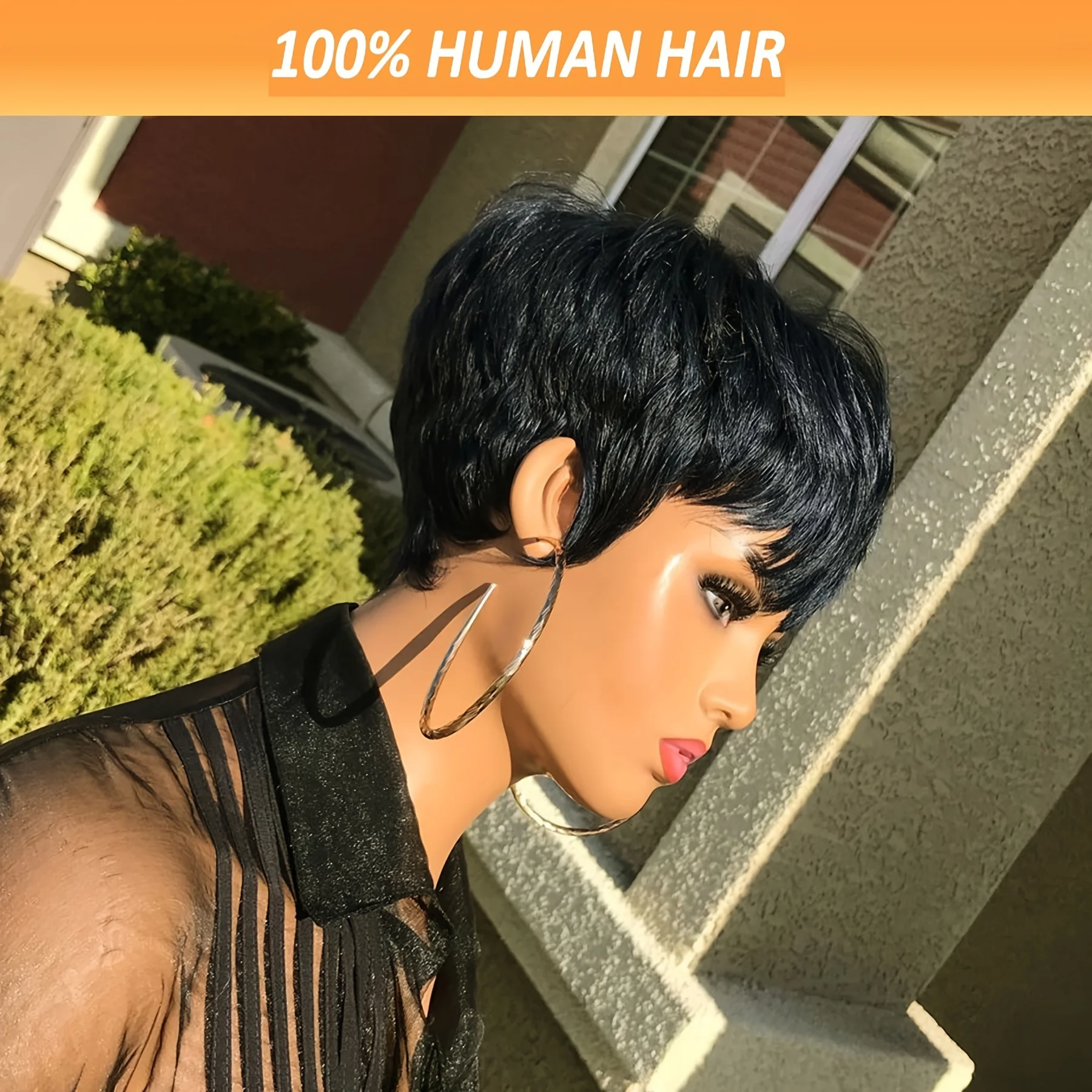 Full Machine Made None Lace Front Wig Nature Black Short Haircut Wig With Bangs Wig Brazilian Human Hair Pixie Cut