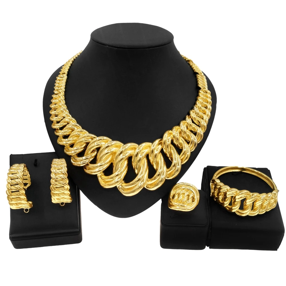 Yulaili Wide Chain Jewelry Sets Big Jewellery Italian Gold Plated Necklace Bracelet Set Daily Simple Casual Costume Accessories