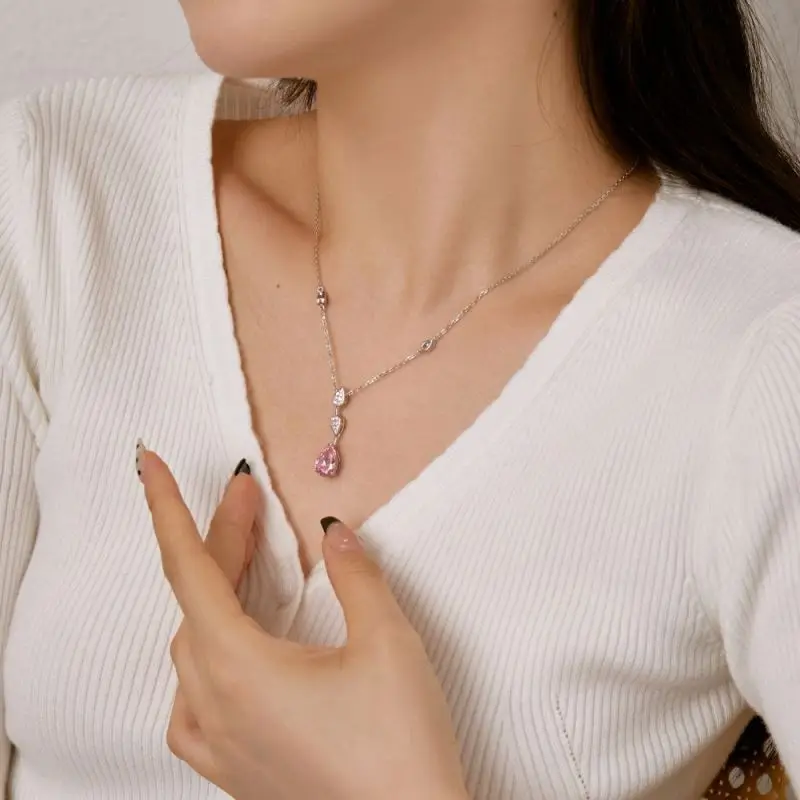 New Arrival Elegant Accessories Chain 925 Sterling Silver Cubic Zirconia Blue Pink Water Drop Pendant Necklaces  Jewelry Women