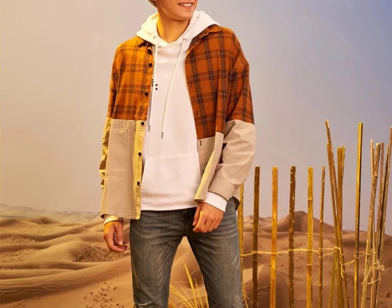 New arrival Fashions design Plaid Patchwork Long Sleeve Men Shirt 2024 Korean Vintage Button Up Shirt for men